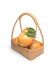 Snow pear or Feng Shui pear on white background, Korean pear in the basket, 