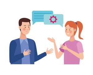 couple talking with speech bubble and gear