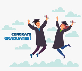 Group of young graduates with diploma jumping on white background with copy space. Stylish modern vector illustration with happy male and female teenagers.  Graduation concept