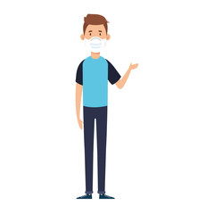 young man using face mask waving isolated icon vector illustration design