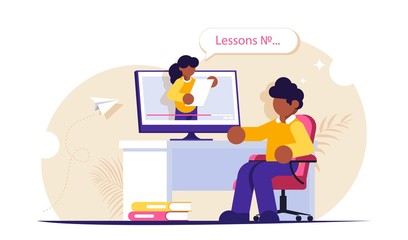 Fototapeta premium Online education. People sits at a desk while watching video of lesson or webinar. Modern flat vector illustration.