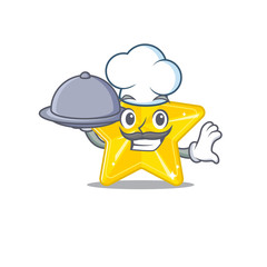 Shiny star chef cartoon character serving food on tray
