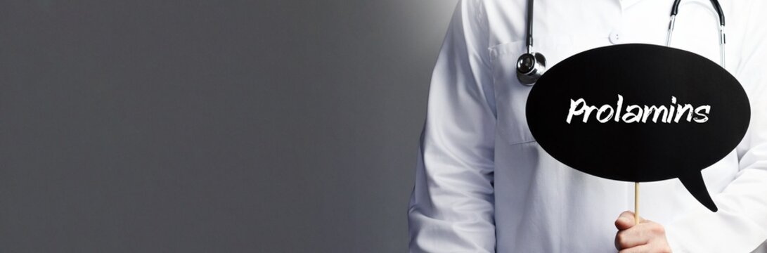 Prolamins. Doctor in smock holds up speech bubble. The word Prolamins is in the sign. Symbol of illness, health, medicine