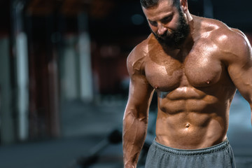 Portrait of strong handsome fit man exercising in gym with dumbbells