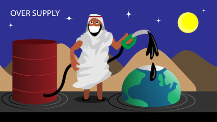 The cartoon illustration picture of a man pours the oil on the earth as the over supply of the world oil market. ( vector )