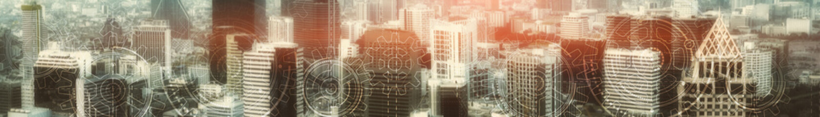 Cityscape cogwheels. Gears interface concept. Web banner.