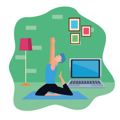 young man practicing online yoga for quarantine