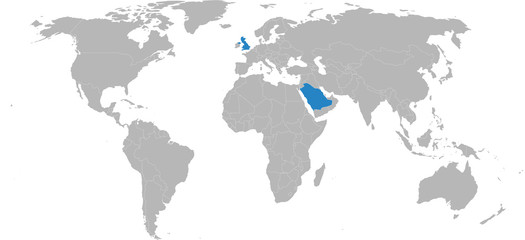 Saudi Arabia, United Kingdom countries highlighted on world map. Light gray background. Business concepts, diplomatic, trade, transport relations.