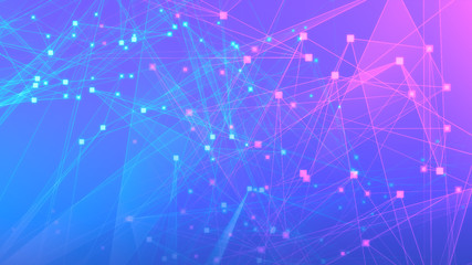 Abstract purple blue polygon tech network with connect technology background. Abstract dots and lines texture background. 3d rendering.