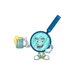 Happy magnifying glass mascot style toast with a glass of beer