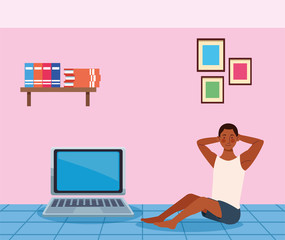 afro man practicing online exercise for quarantine