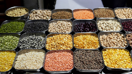 a variety of pulses for sale at the spice market in old delhi