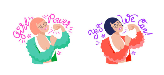 Feminist and body positive vector stickers set. Female movements cartoon badges with inspirational quotes.