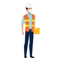 man engineer with vest using face mask isolated icon vector illustration design