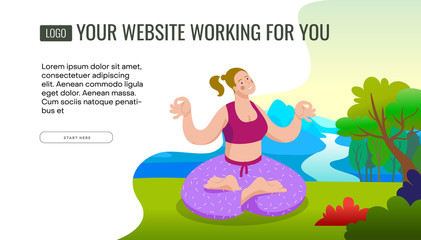 Obraz premium Poster with yoga girl on forest and mountains background in cartoon style. Use it for web page creation. Vector illustration.
