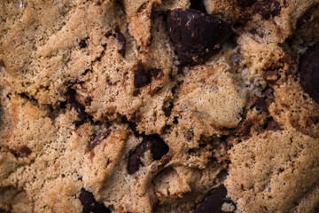 Detail of handmade chocolate chip cookie on dark blue background
