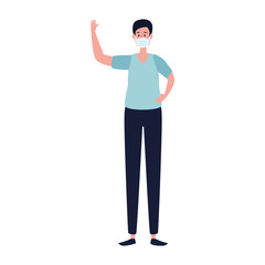 young man using face mask with hand up vector illustration design
