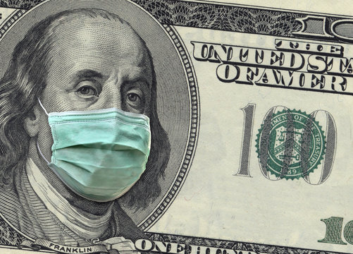 A close up of a 100 dollar bill shows Benjamin Franklin wearing a surgical mask to protect himself from Covid-19 coronavirus. This is an illustration