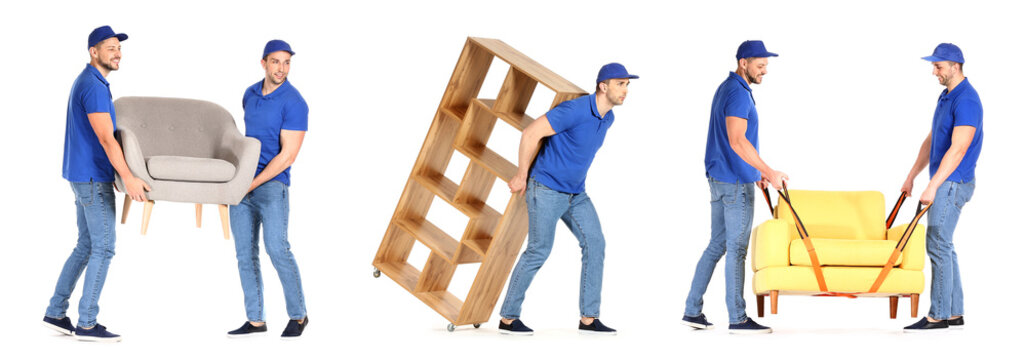 Loaders carrying furniture against white background