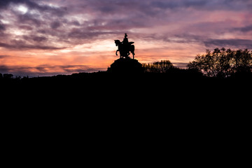 Colorful Sunrise burning sky Koblenz City historic monument German Corner where river rhine and...