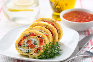 Egg roll with red pepper, cream cheese and herbs
