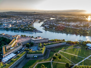 Aerial View of Ehrenbreitstein fortress and Koblenz City in Germany during sunset