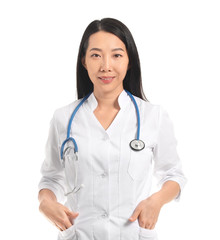 Female Asian doctor on white background