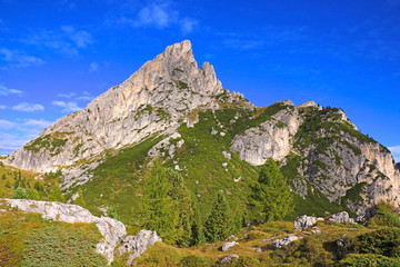 Beautiful summer landscape, fantastic alpine pass and high mountains, Dolomites, Italy, Europe.