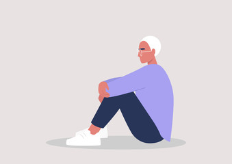 Young male character embracing their knees, emotional stress, mental health