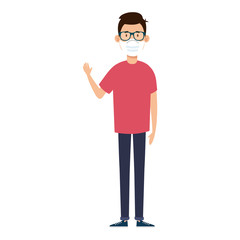 young man using face mask waving isolated icon vector illustration design