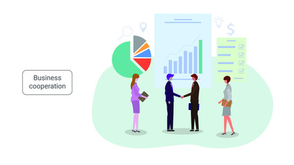 Cooperation and partnership in business concept. Business people shake hands. Vector illustration, flat style.