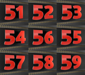 Set of red numbers from fifty-one to fifty-nine