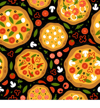 Seamless pattern with pizza and ingredients. Top view. Italian food.
