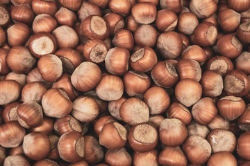 Background made of nuts. Hazelnut in the market. Healthy, wholesome food. Organic products. Source of vitamins and minerals. Grocery market in Georgia.