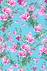Illustration with seamless pattern floral design. Beautiful seamless pattern on coloured background with tropical flowers and plants. Composition with hibiscus and leaves. Stylish print for textile