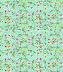Illustration with seamless pattern floral design. Beautiful seamless pattern on coloured background with tropical flowers and plants. Composition with hibiscus and leaves. Stylish print for textile