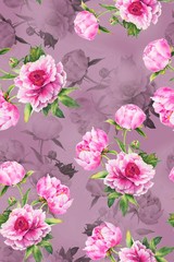 Illustration with seamless pattern floral design. Beautiful seamless pattern on coloured background with tropical flowers and plants. Composition with hibiscus and leaves. Stylish print for textile