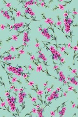 Illustration with seamless pattern floral design. Beautiful seamless pattern on coloured background with tropical flowers and plants. Composition with hibiscus and leaves. Stylish print for textile