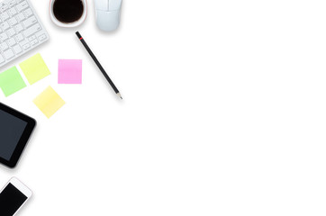 top view white table office working with copy space for text design. minimalist workspace flat lay.  mock up tabletop workplace design.