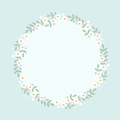 Fototapeta na wymiar cute flat style white daisy flower wreath frame on blue background for birthday wedding or mother's day