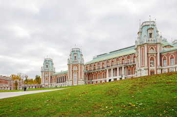 Moscow, Russia - October 12, 2018: The Grand Palace in the Tsaritsyno Museum-reserve on an autumn...