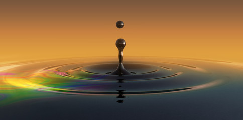 Black oil gold concept, Petroleum droplet with wave rings macro shot