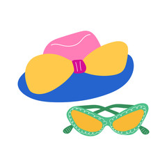 Summer woman hat with sunglasses. Flat vector illustration.