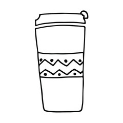 Doodle thermo mug or cup for car, traveling, walk, tour, trip. Vector illustration isolated on white background.