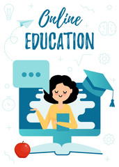 Online Education, Video course, tutorial. Vector flat concept with cute woman for your website and banners