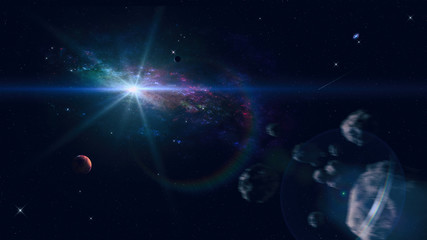 sun and asteroids in space