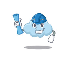 Cartoon character of blue cloud brainy Architect with blue prints and blue helmet