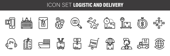 Logistics and delivery concept line icons set with time and transport symbols flat isolated vector