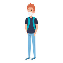young man with school bag using face mask isolated icon vector illustration design