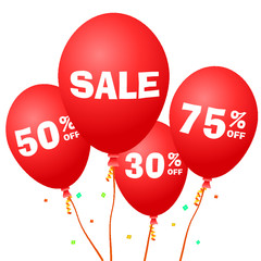 Vector - 3d Realistic Colorful Red Sale Balloons Flying for Christmas Promotion Isolated in White Background. Vector Illustration